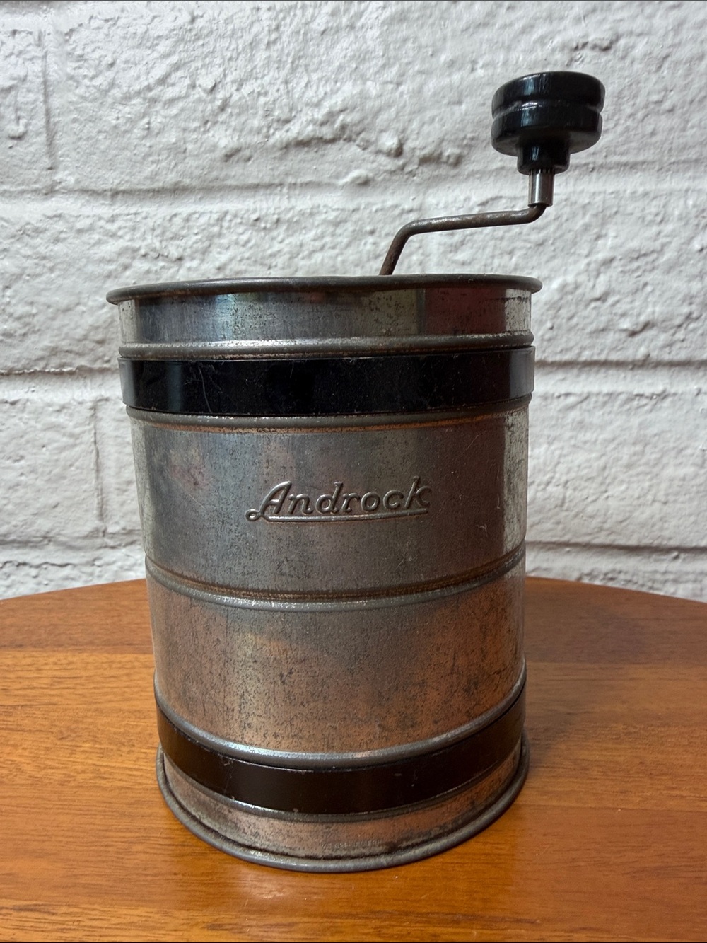 Vintage Androck Hand Sifter Flour Black Band Wood Handle Top Crank